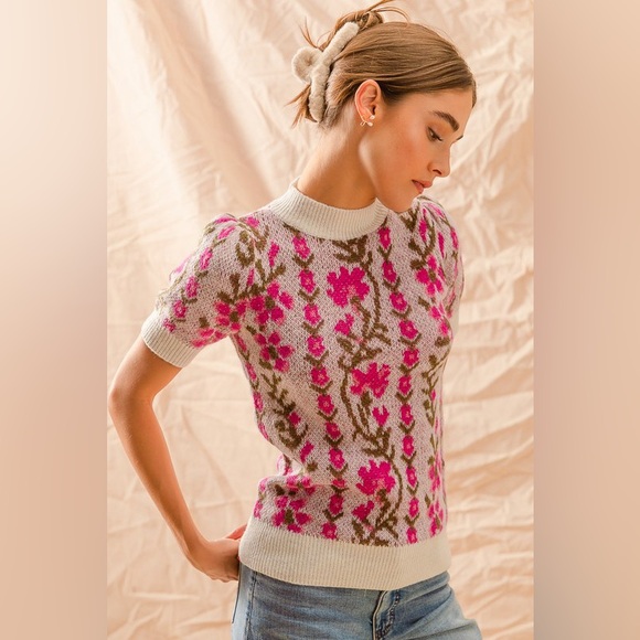 Fuchsia floral intarsia Puff Sleeve boho bohemian ribbed Tunic Top sweater - Picture 5 of 8